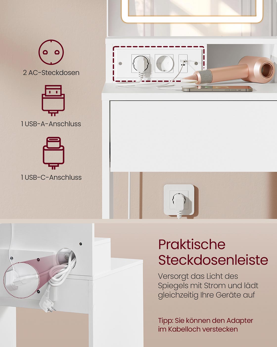 Kailyn Collection - Schminktisch mit LED -Spiegel, Schubladen und offenen Regalen