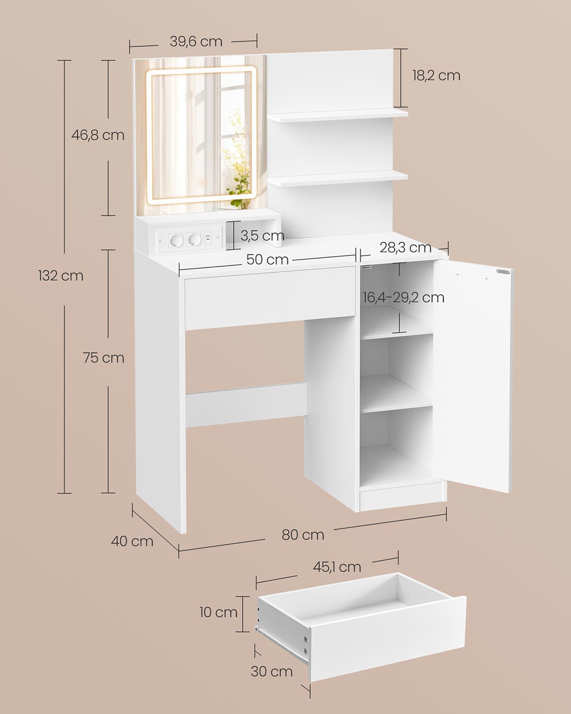 Kailyn Collection - Schminktisch mit LED -Spiegel, Schubladen und offenen Regalen