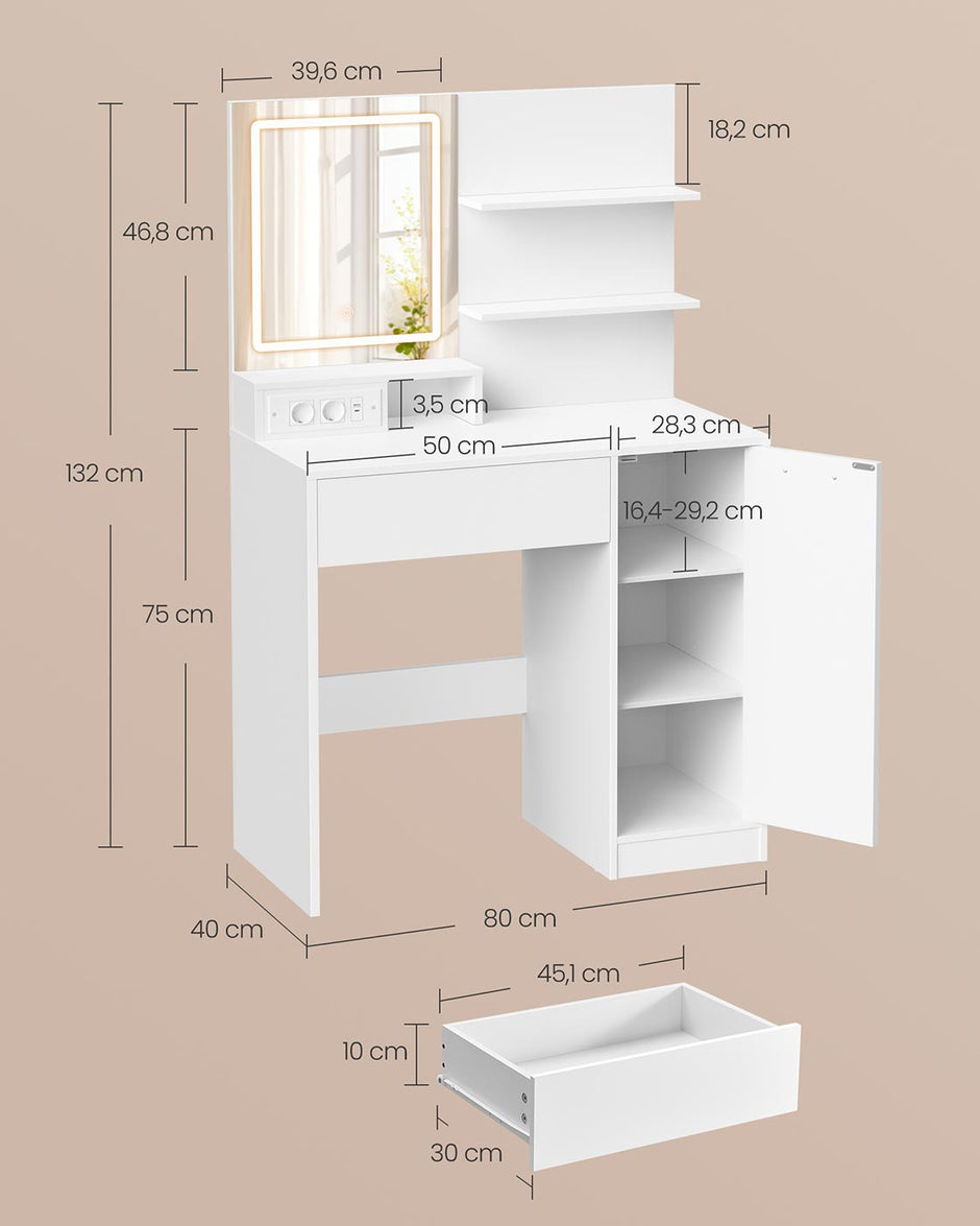 Kailyn Collection - Schminktisch mit LED -Spiegel, Schubladen und offenen Regalen