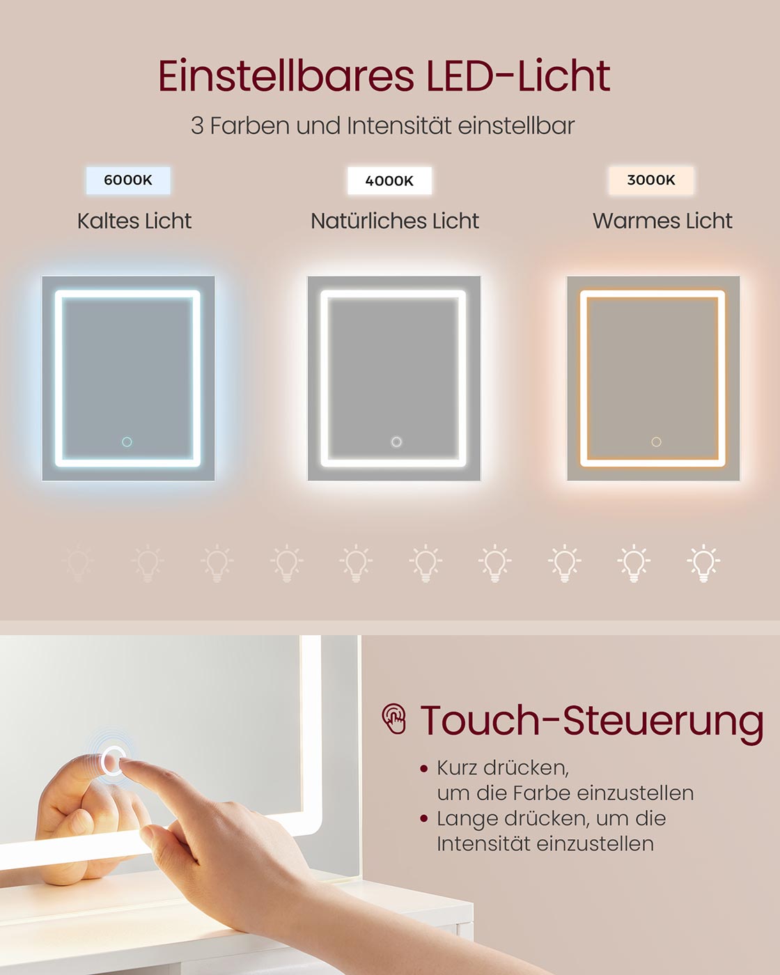 Kailyn Collection - Schminktisch mit LED -Spiegel, Schubladen und offenen Regalen