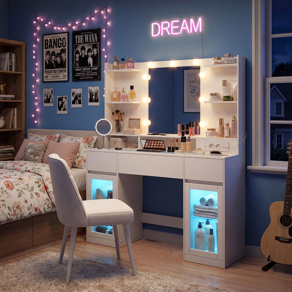 Kaptafel met Spiegel - RGB-Verlichting - Met Stopcontact - 2 Kastjes - Mat Wit
