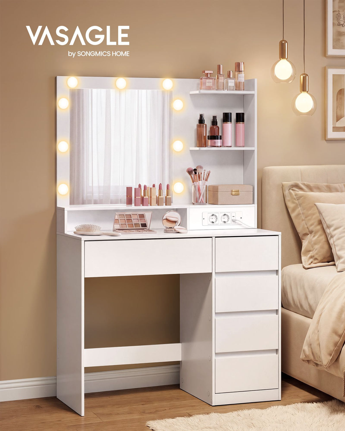 Kaptafel - Met Verlichte Spiegel en Schuifladen - Wolkwit - 40 x 80 x 144,3 cm