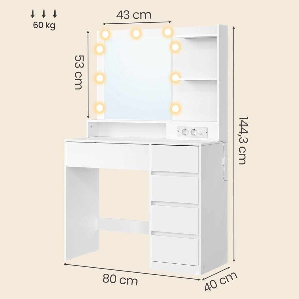 Kaptafel - Met Verlichte Spiegel en Schuifladen - Wit - 80 x 40 x 144,3 cm