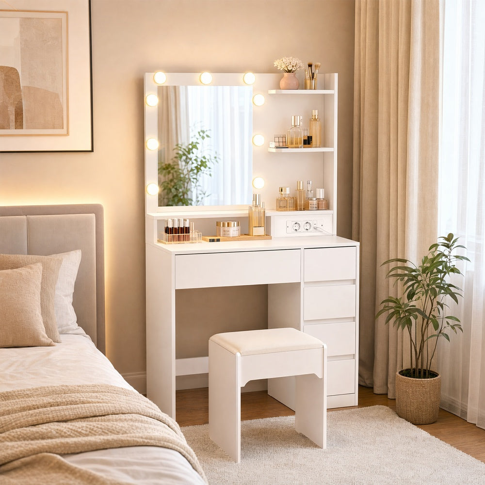 Kaptafel - Met Verlichte Spiegel en Schuifladen - Wit - 80 x 40 x 144,3 cm