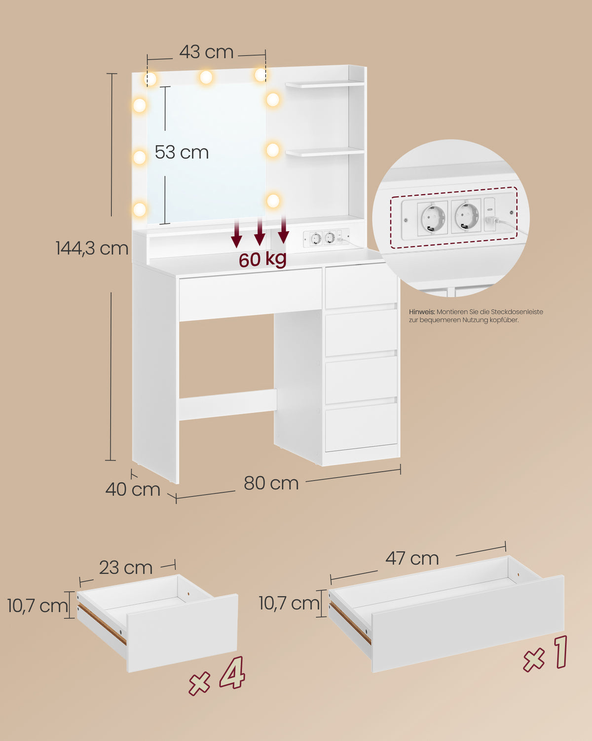 Kaptafel - Met Verlichte Spiegel en Schuifladen - Wolkwit - 40 x 80 x 144,3 cm