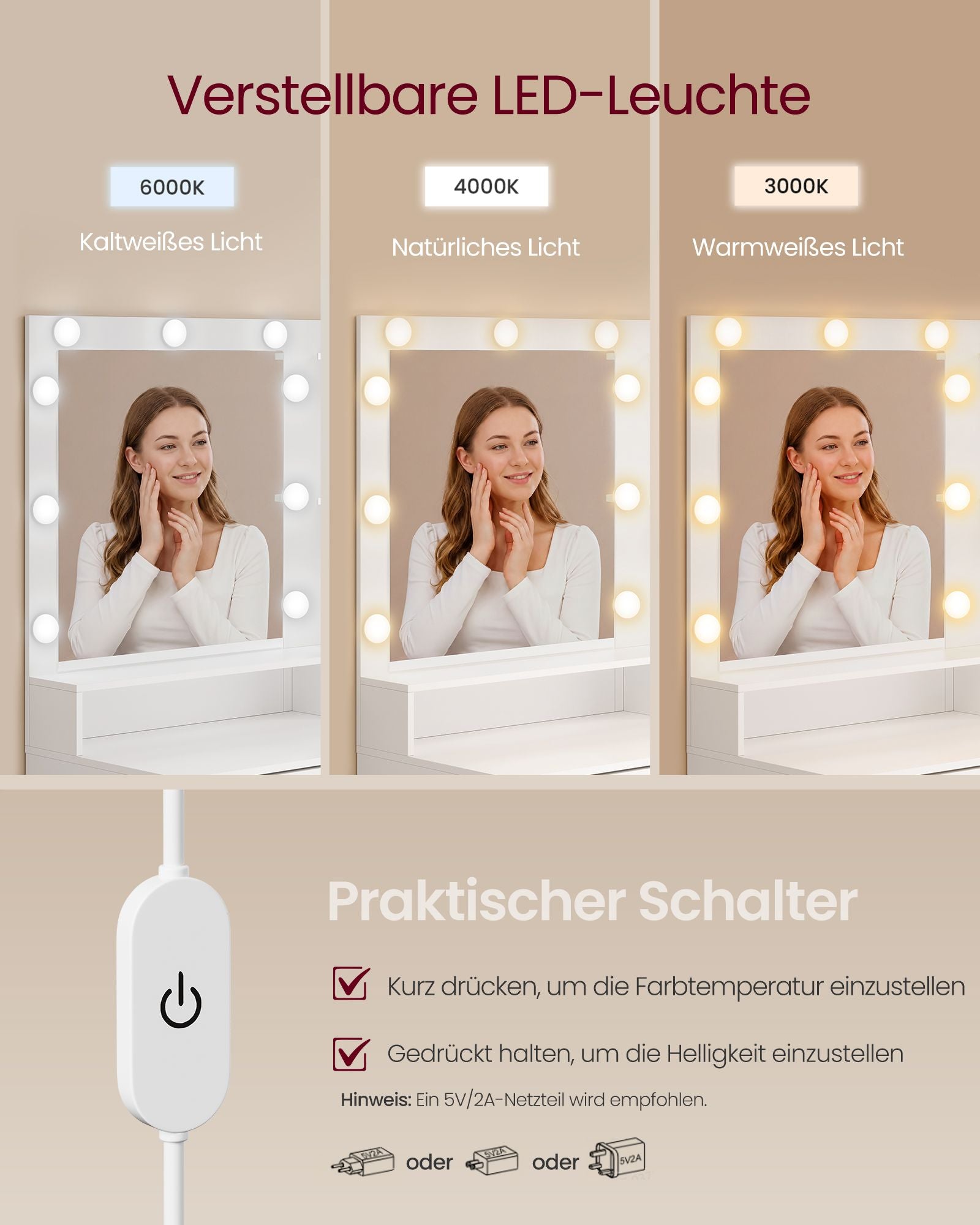 Kaptafel - Met Verlichte Spiegel en Schuifladen - Wolkwit - 40 x 80 x 144,3 cm