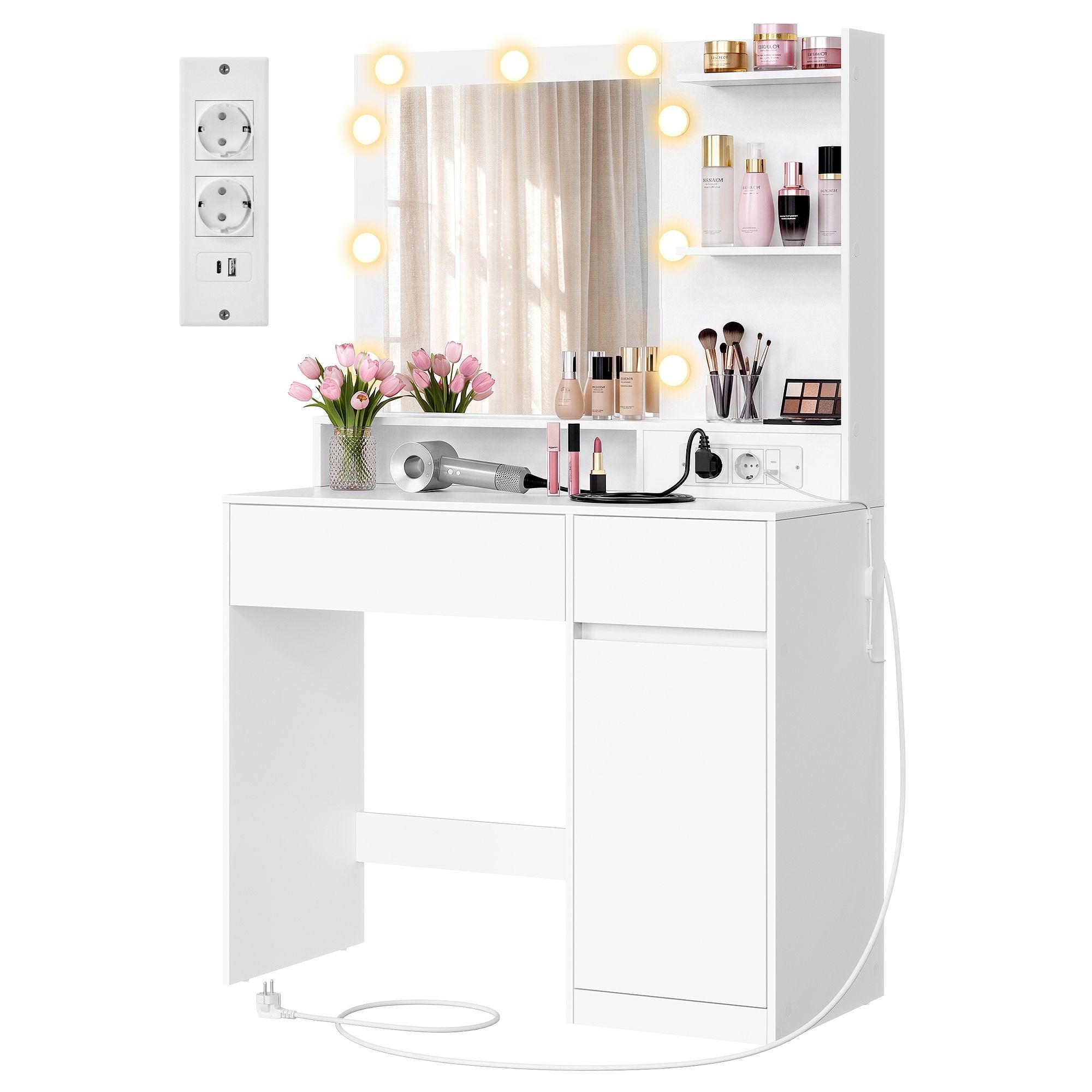 Kaptafel - Met Verlichte Spiegel en Schuifladen - Matwit - 80 x 80 x 144,3 cm