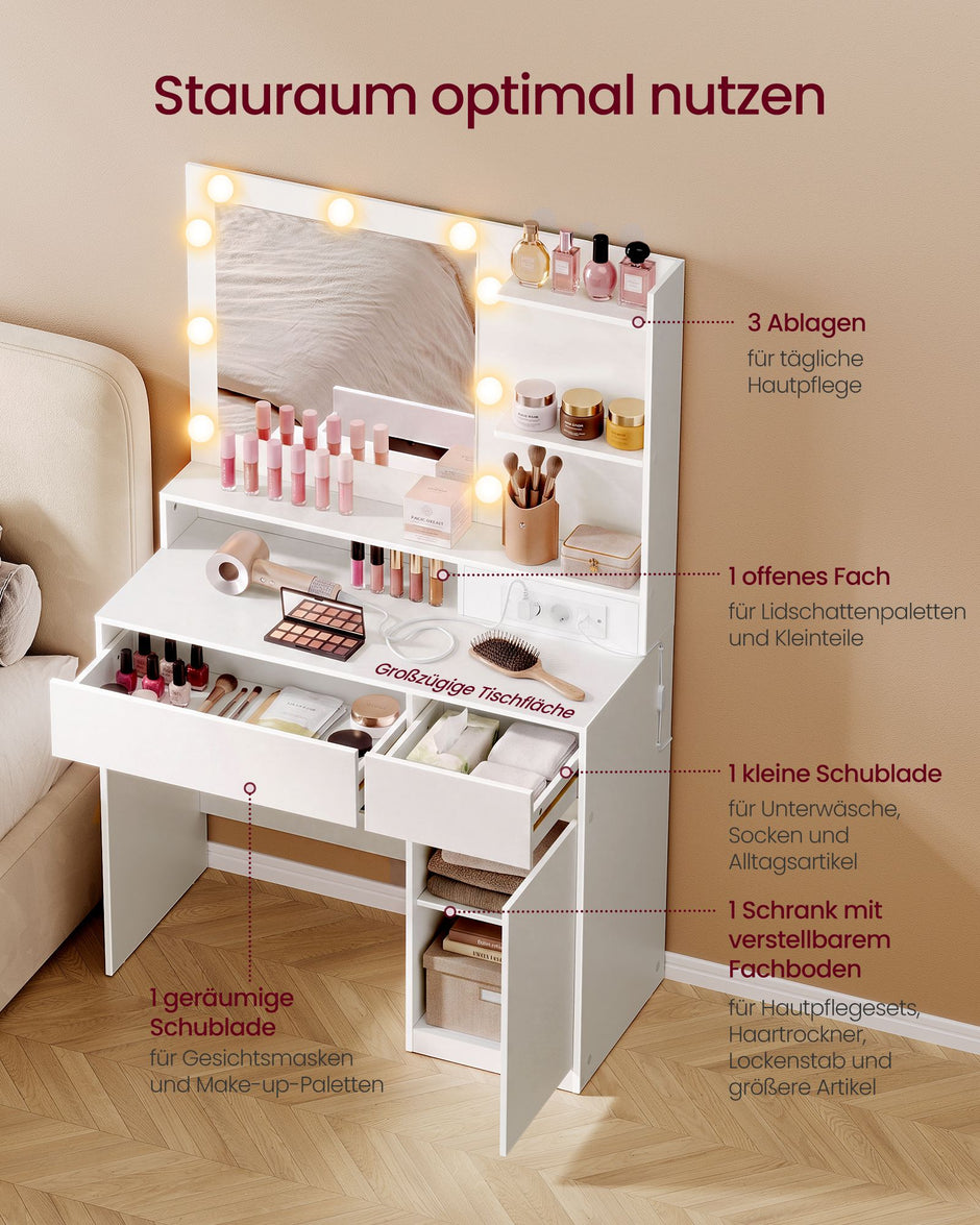 Kaptafel - Met Verlichte Spiegel en Schuifladen - Matwit - 80 x 80 x 144,3 cm