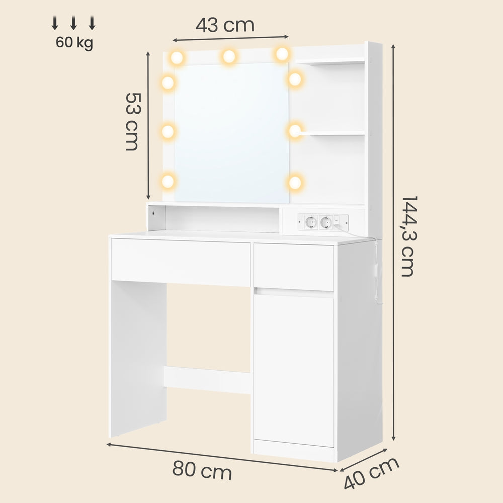 Kaptafel - Met Verlichte Spiegel en Schuifladen - Wit - 80 x 80 x 144,3 cm