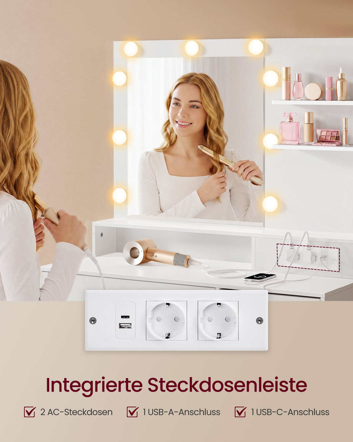 Kaptafel - Met Verlichte Spiegel en Schuifladen - Matwit - 80 x 80 x 144,3 cm