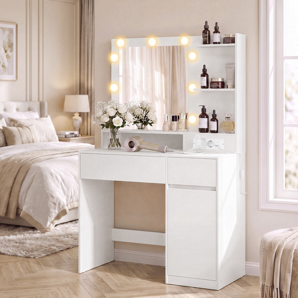Kaptafel - Met Verlichte Spiegel en Schuifladen - Wit - 80 x 80 x 144,3 cm