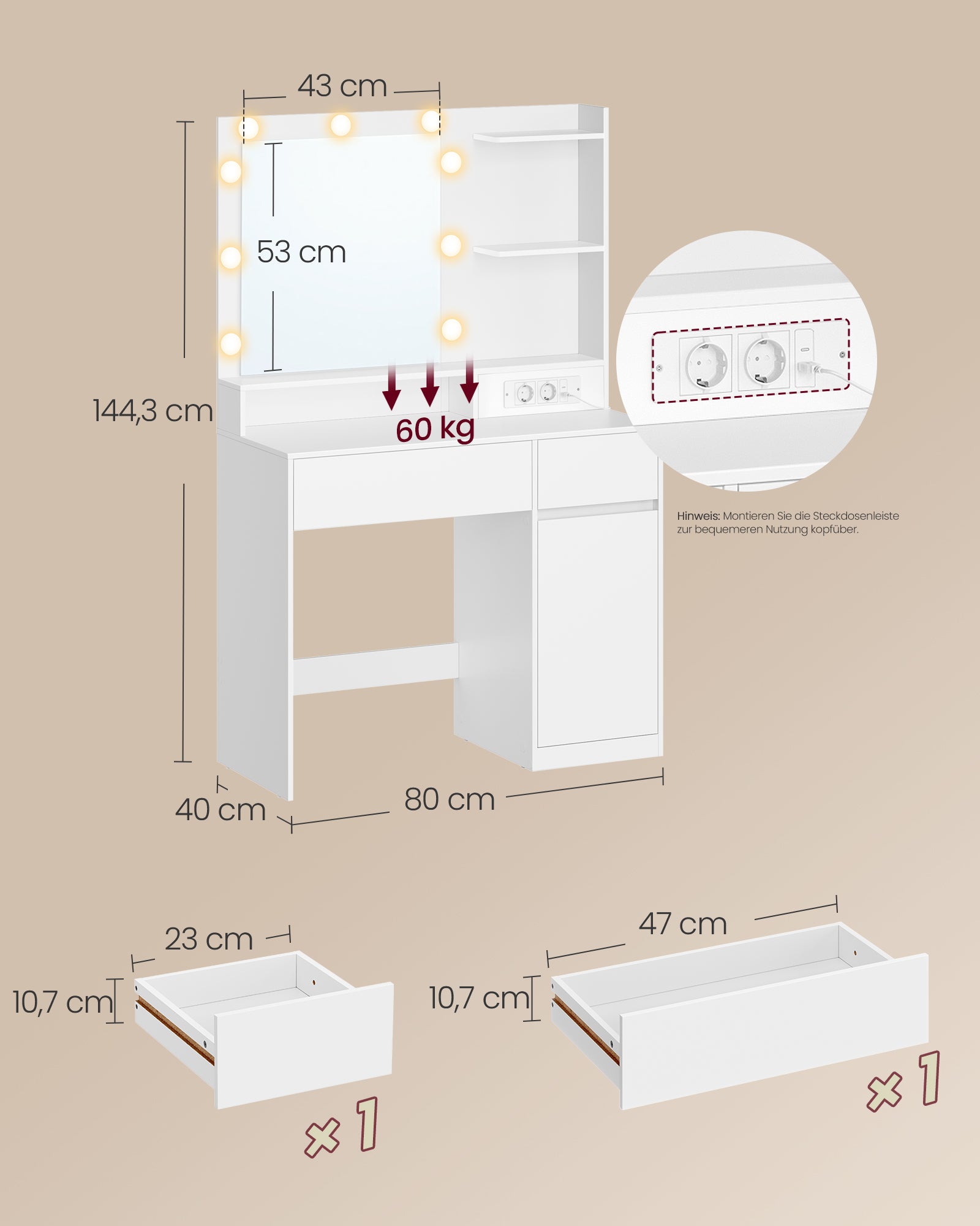 Kaptafel - Met Verlichte Spiegel en Schuifladen - Matwit - 80 x 80 x 144,3 cm