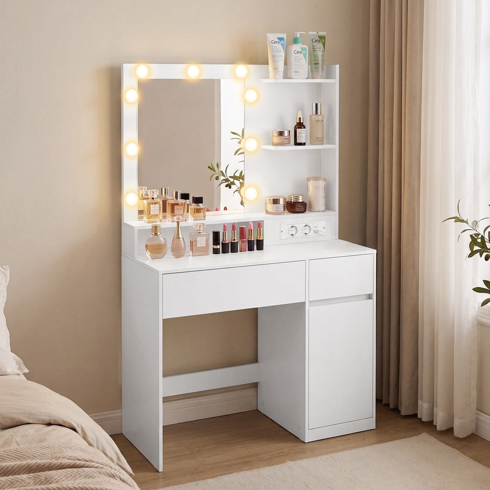 Kaptafel - Met Verlichte Spiegel en Schuifladen - Wit - 80 x 80 x 144,3 cm