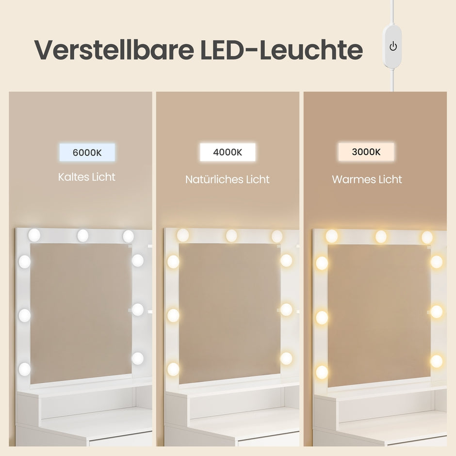 Kaptafel - Met Verlichte Spiegel en Schuifladen - Wit - 80 x 80 x 144,3 cm
