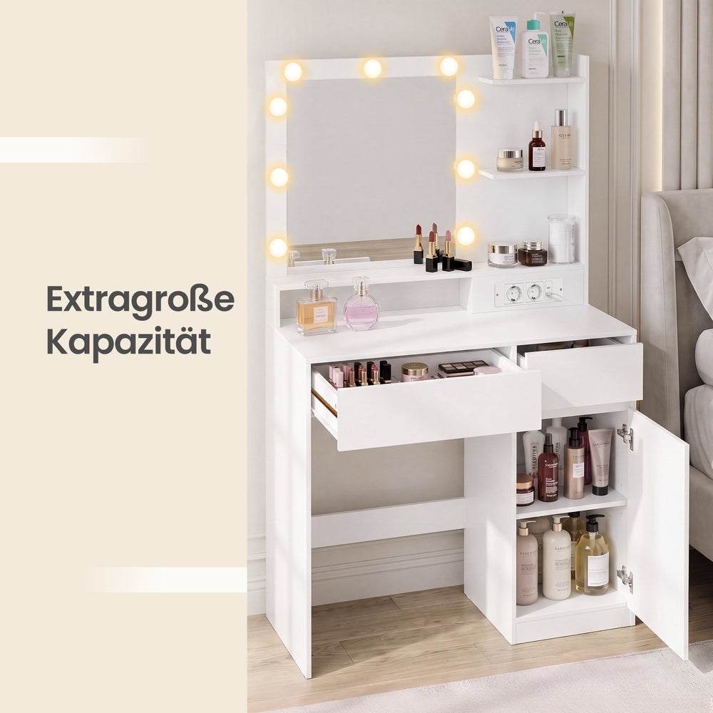 Kaptafel - Met Verlichte Spiegel en Schuifladen - Wit - 80 x 80 x 144,3 cm