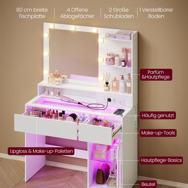 Kaptafel met Spiegel – RGB LED – 3 Lichtkleuren – Stopcontacten – Lades en Glazen Kastje – 80 cm – Wit
