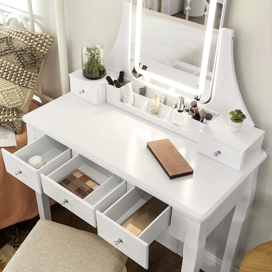 Schminktisch - Machen Sie -up -Tisch - mit Spiegel - 5 Schubladen - LED -Beleuchtung - Weiß