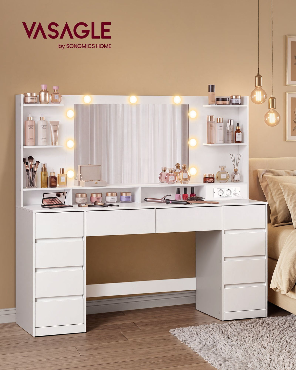Kaptafel - Met Verlichte Spiegel en Schuifladen - Wolkwit - 137 x 40 x 144,3 cm