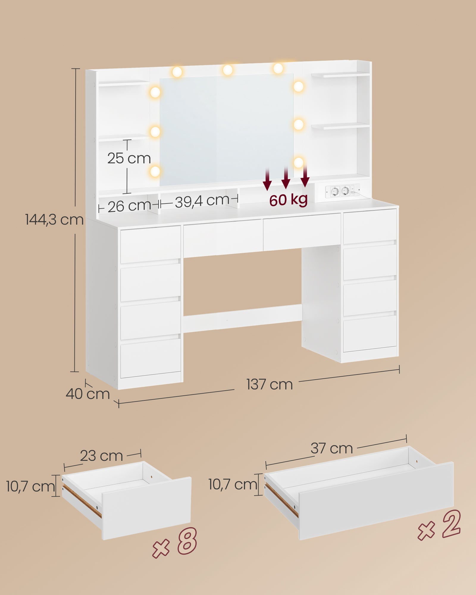 Kaptafel - Met Verlichte Spiegel en Schuifladen - Wolkwit - 137 x 40 x 144,3 cm
