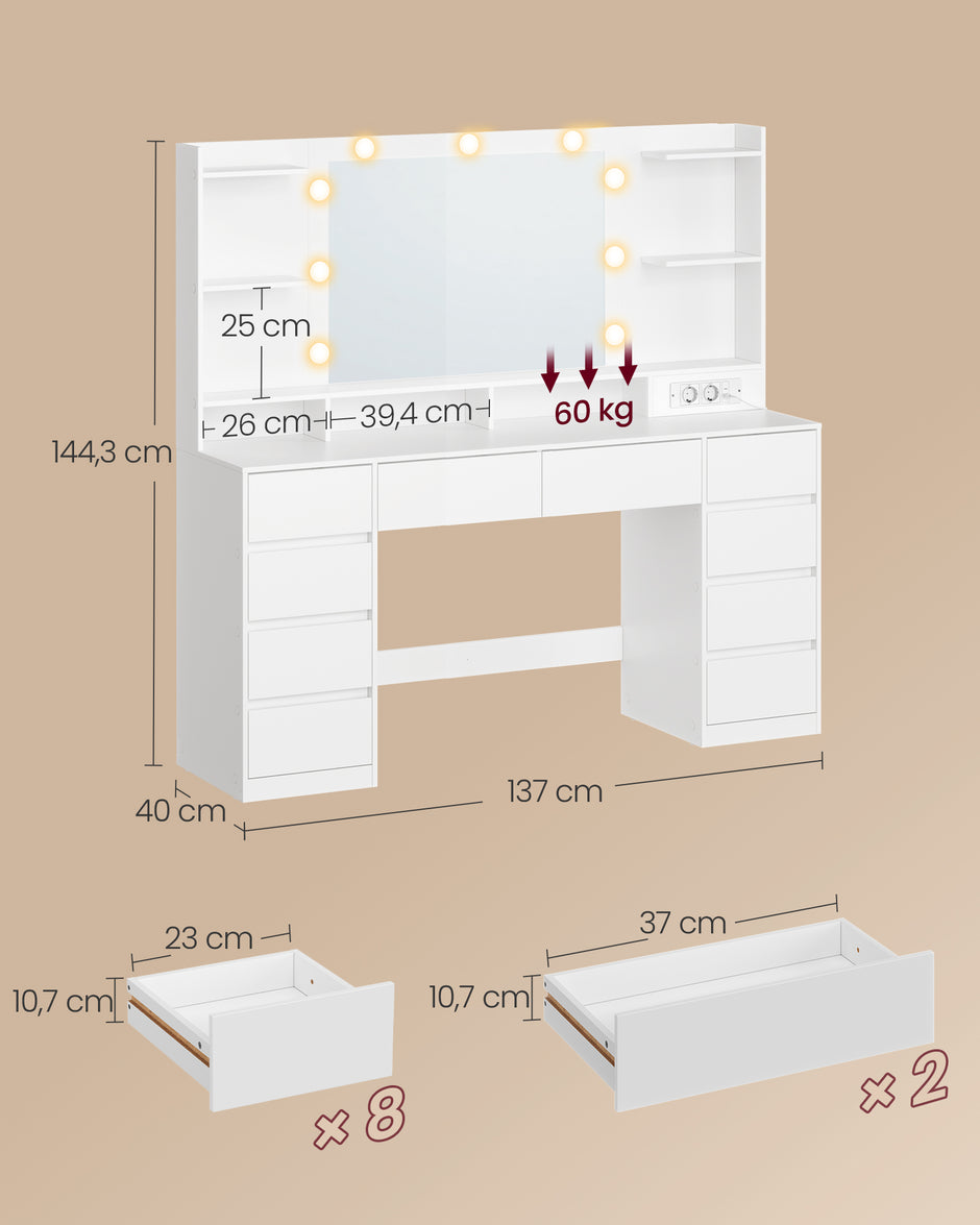 Kaptafel - Met Verlichte Spiegel en Schuifladen - Wolkwit - 137 x 40 x 144,3 cm