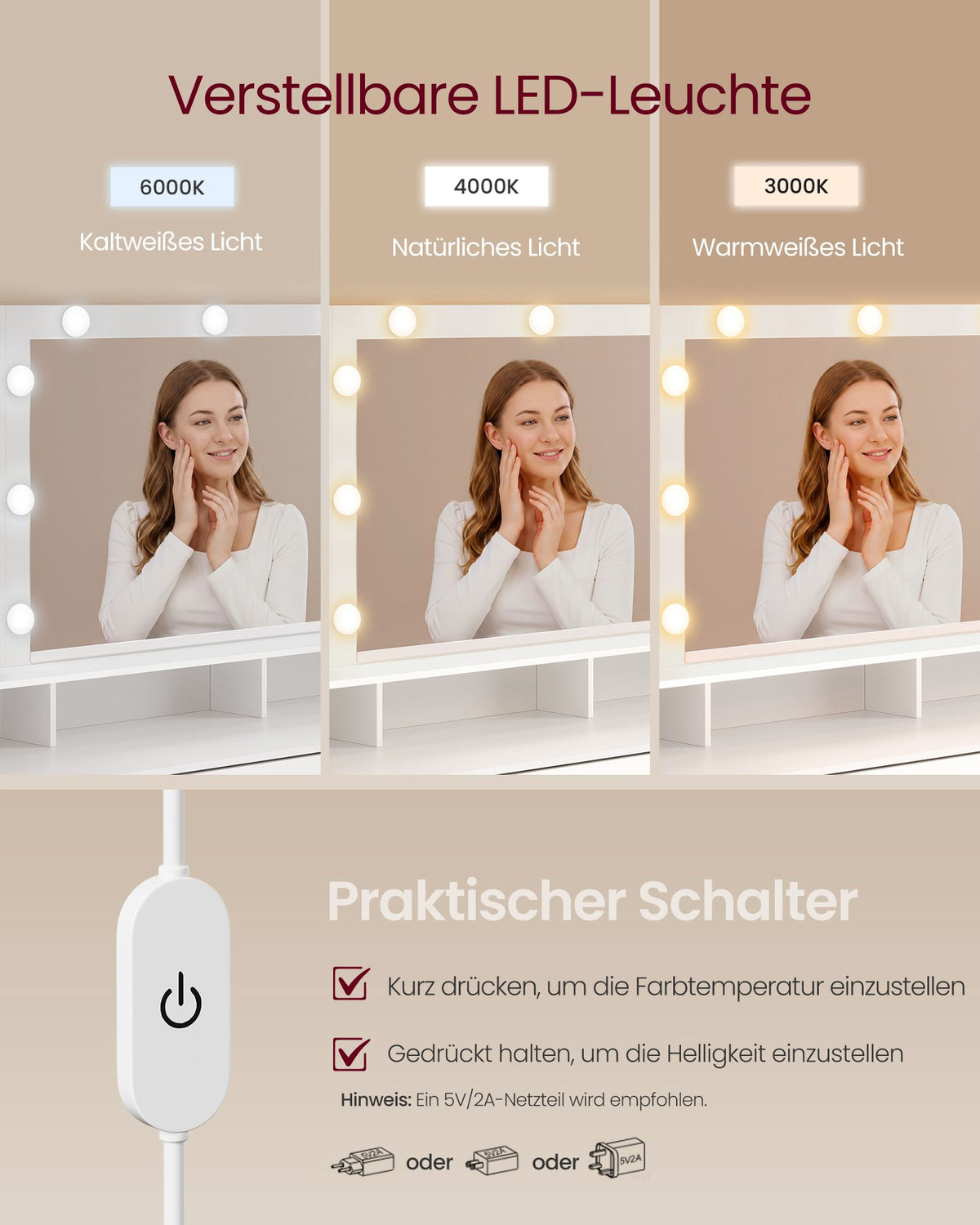 Kaptafel - Met Verlichte Spiegel en Schuifladen - Wolkwit - 137 x 40 x 144,3 cm