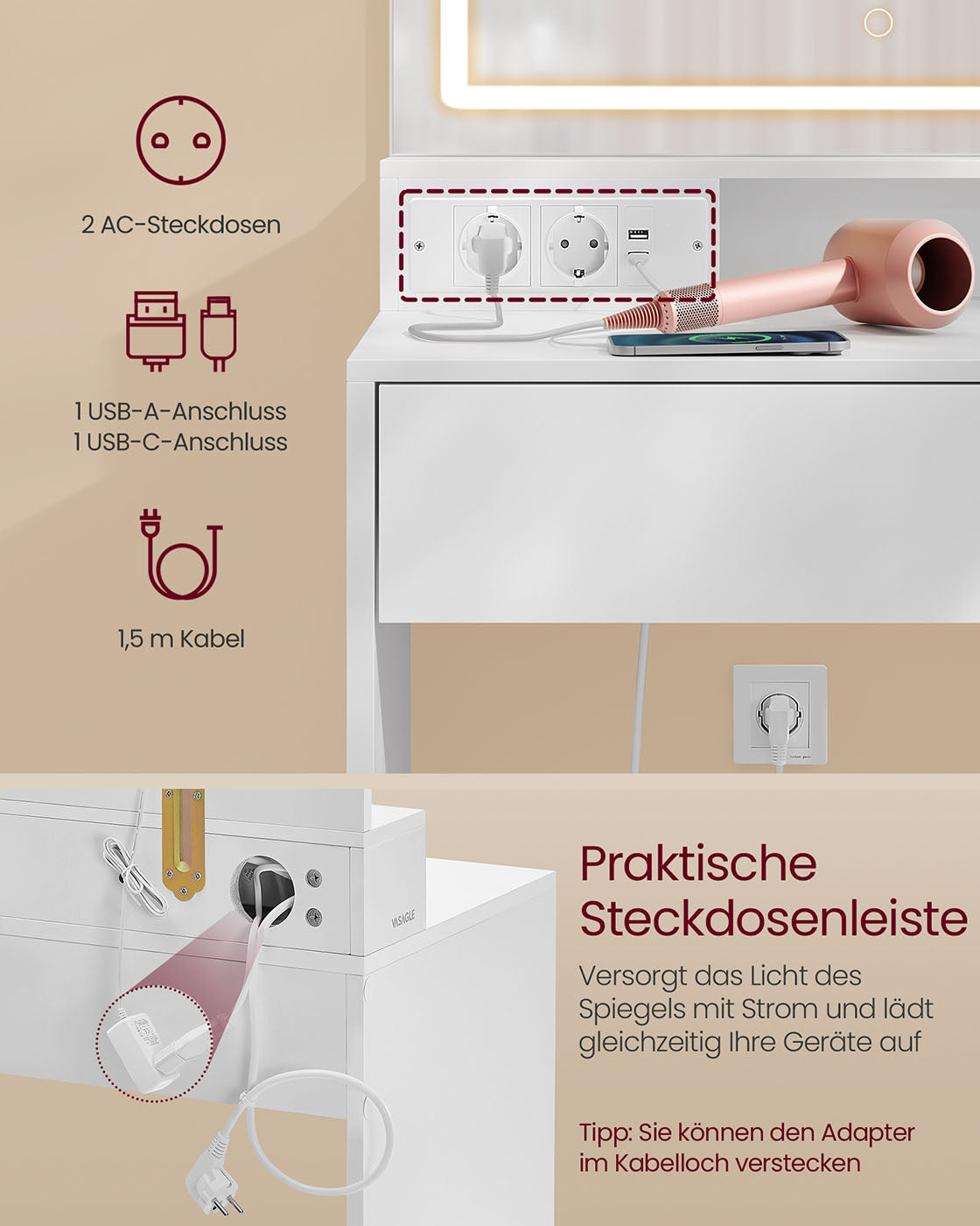 Schminktisch mit LED -Beleuchtung 110 cm breit