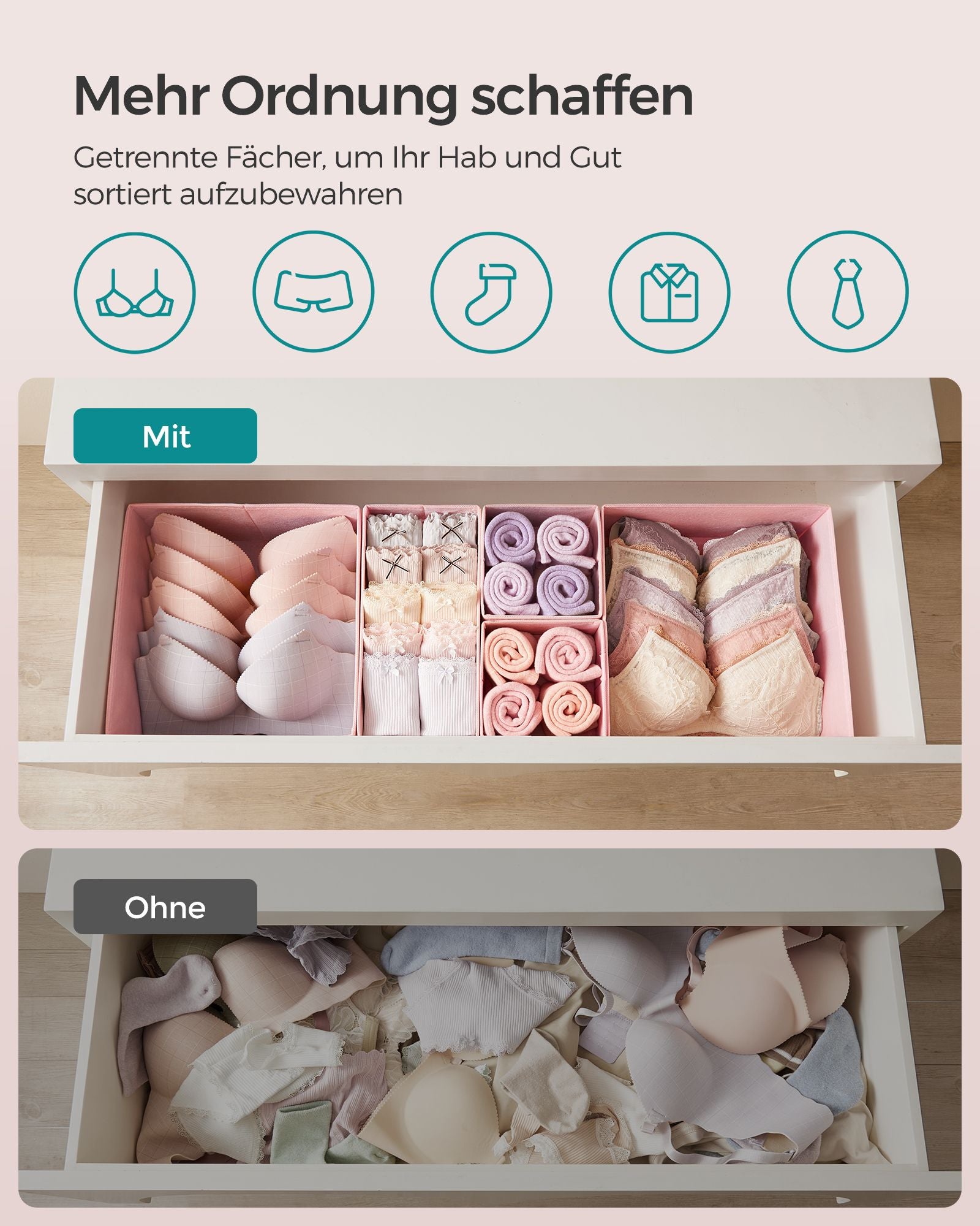 Aufbewahrungsbox für Schubladenset von 12 Pastellrosa