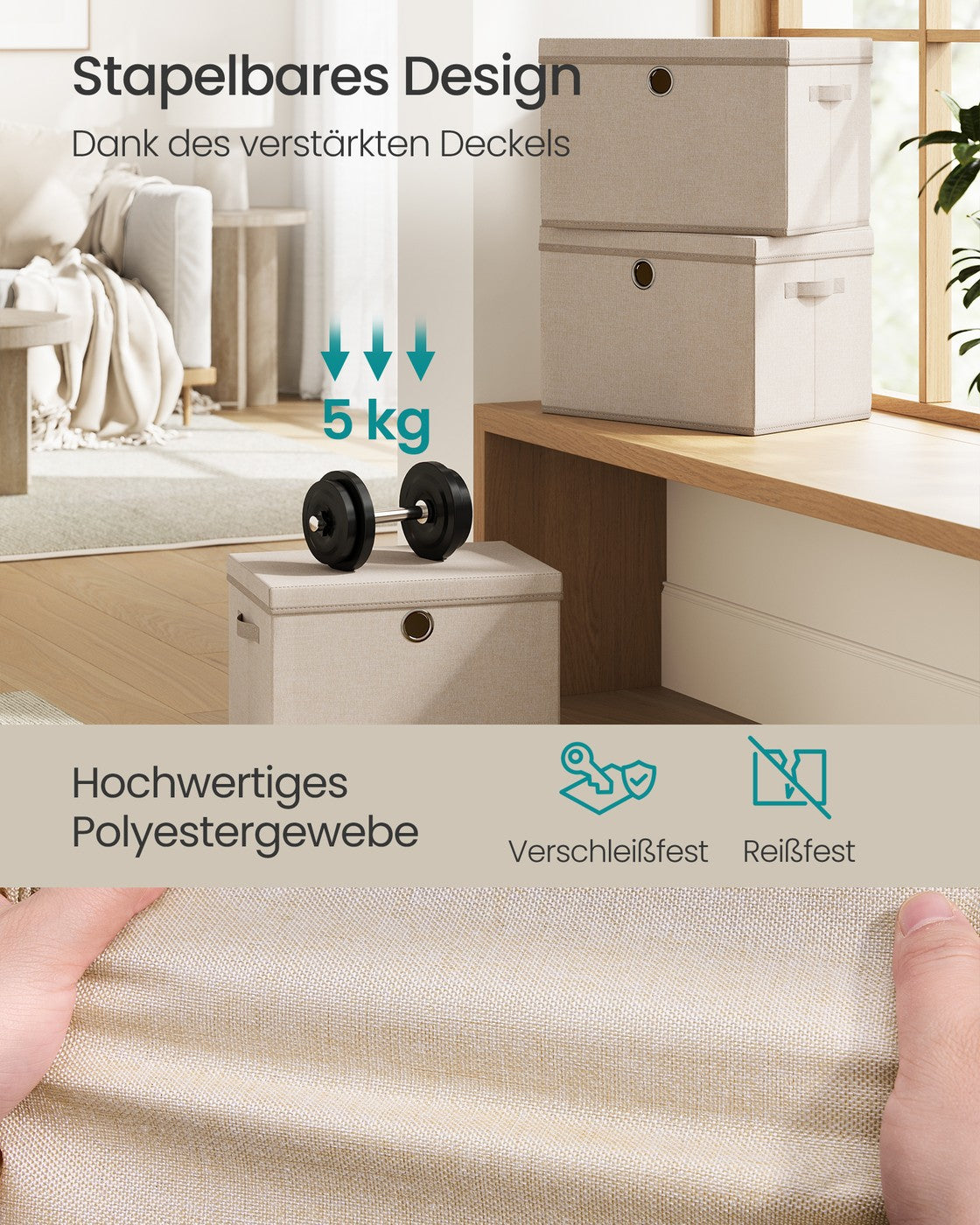 Opbergdozen - 43 x 30 x 30 cm - Set van 3 - Zandbeige - 5 kg per doos