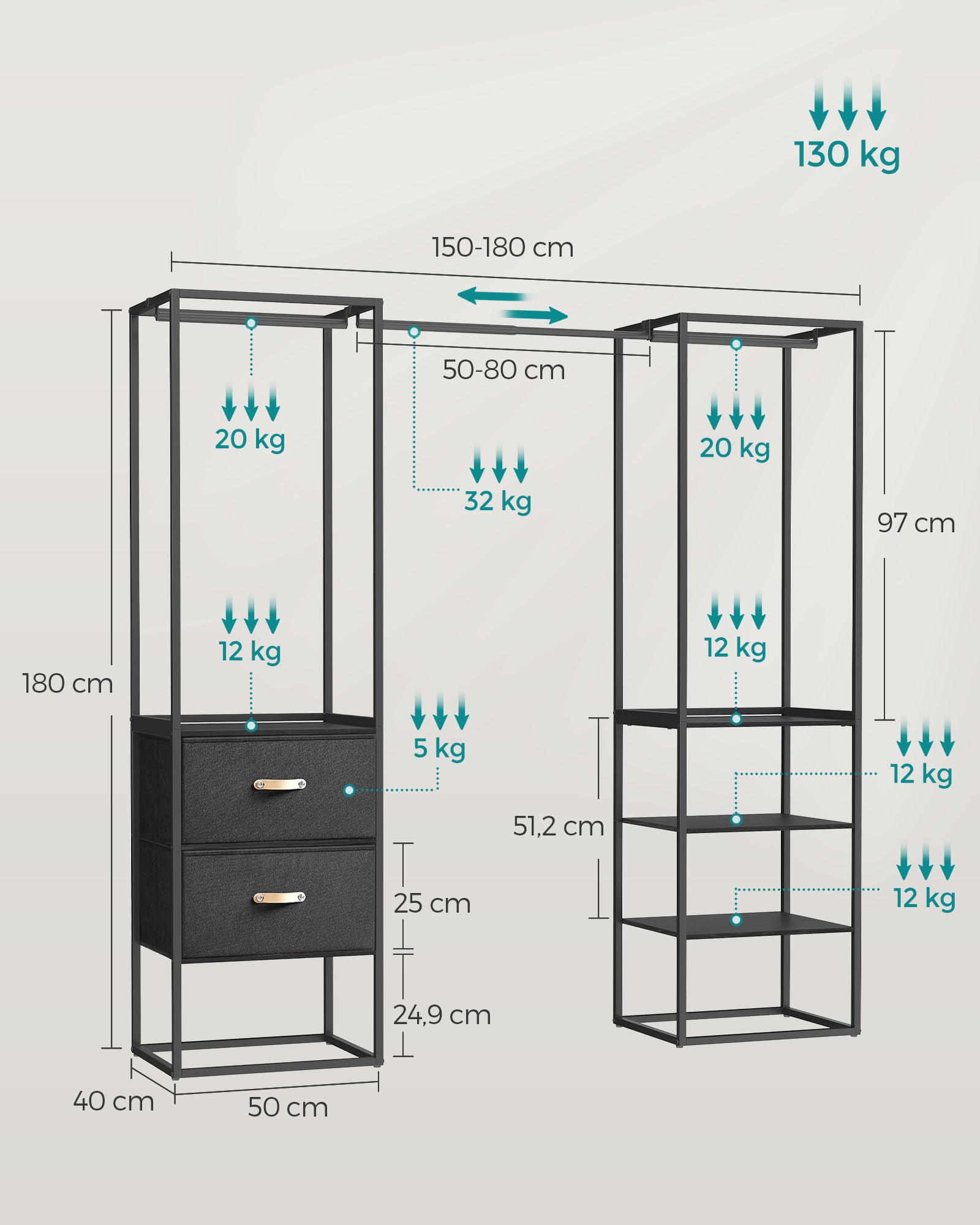 Bekleidungsregal - mit 2 Schubladen - Ebenholz schwarz
