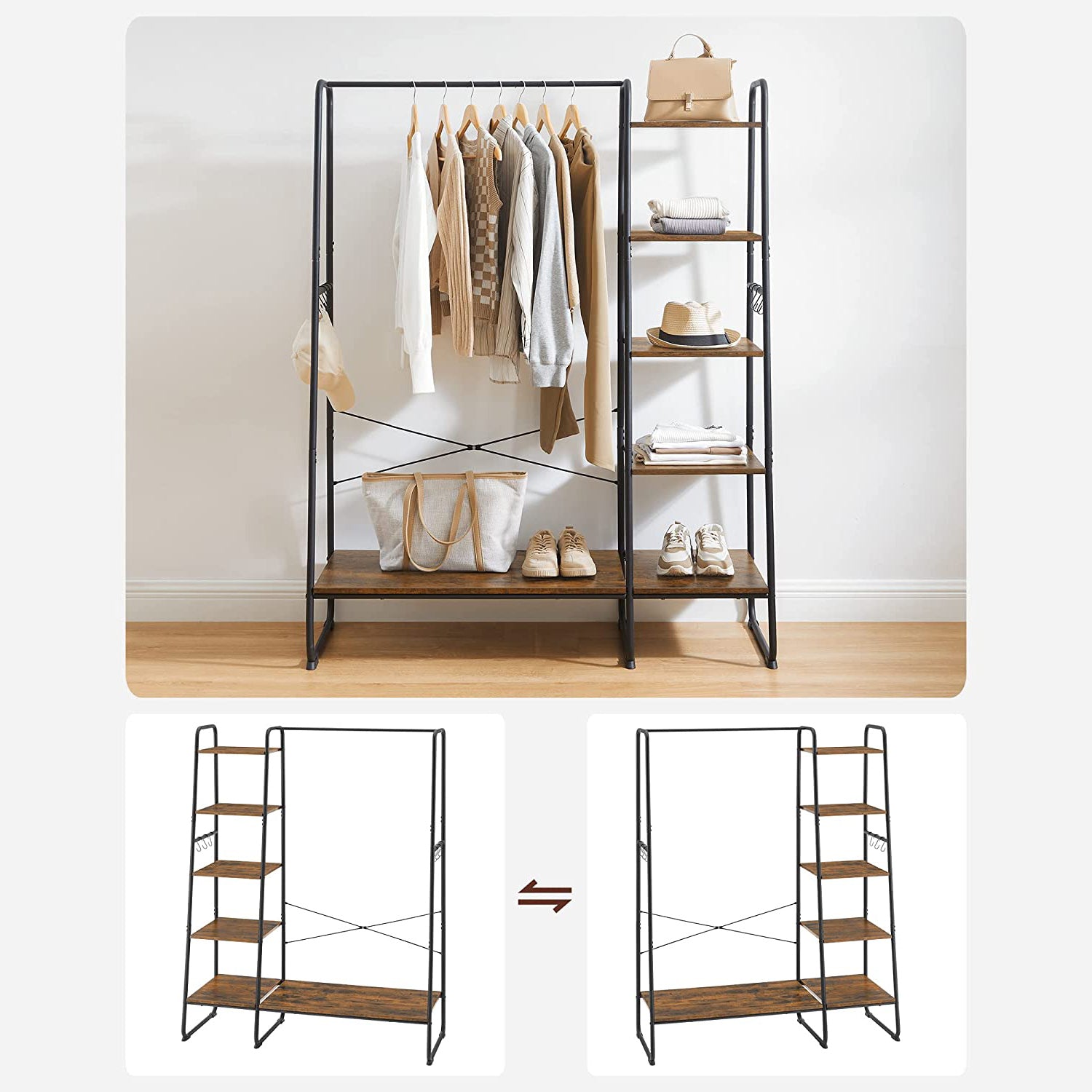 Kleidungsregal - 5 Level - mit Schuhregal - 6 Haken - Kleidungsstange - Industriedesign - 45 x 120 x 160 cm