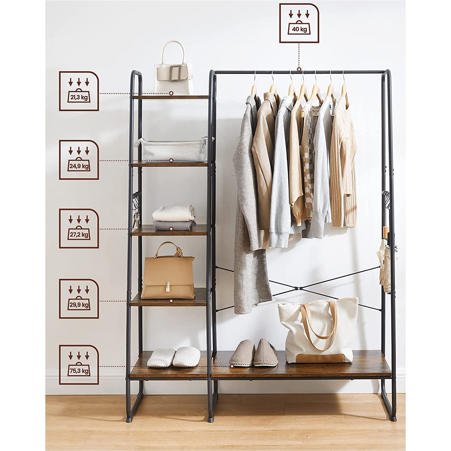 Kleidungsregal - 5 Level - mit Schuhregal - 6 Haken - Kleidungsstange - Industriedesign - 45 x 120 x 160 cm