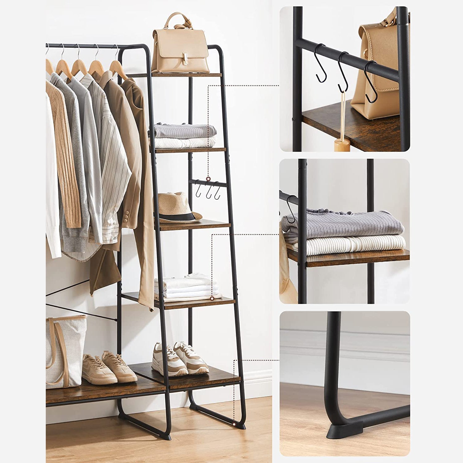 Kleidungsregal - 5 Level - mit Schuhregal - 6 Haken - Kleidungsstange - Industriedesign - 45 x 120 x 160 cm