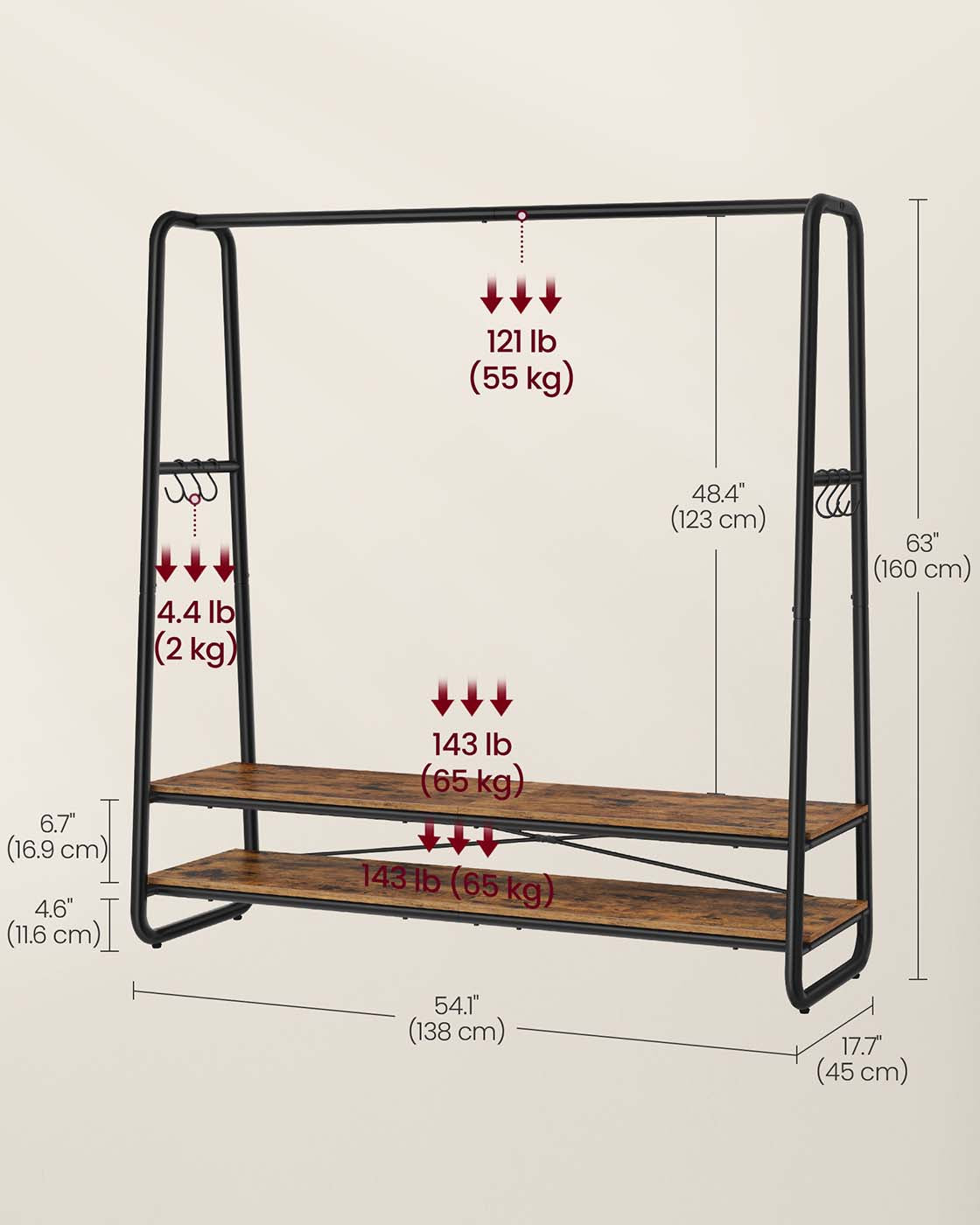 Kleidungsständer - 2 Regale - 6 Haken