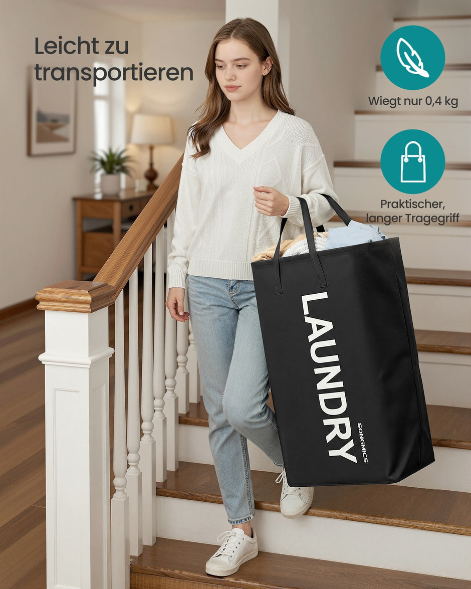 Wasmand - 40 x 30 x 68 cm - Opvouwbaar - Met handvat - Waterafstotend - Inktzwart - Maximaal 20 kg