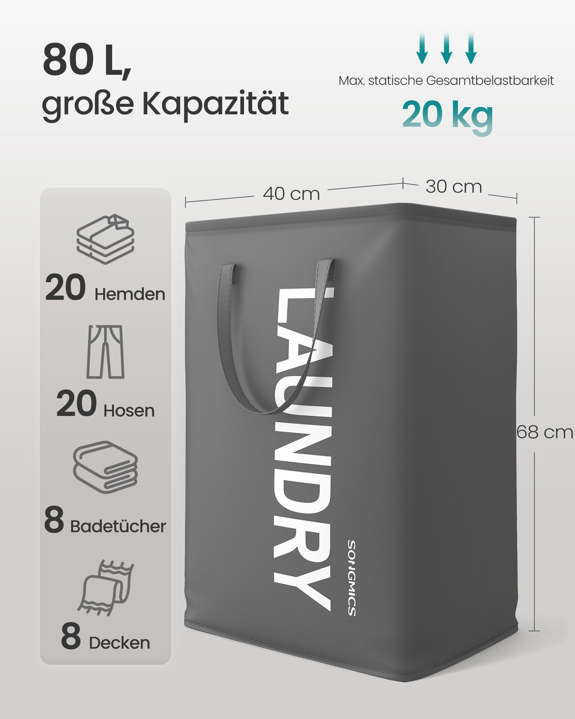 Wasmand - 40 x 30 x 68 cm - opvouwbaar - met handvat - waterafstotend - leigrijs - maximale draagkracht 20 kg