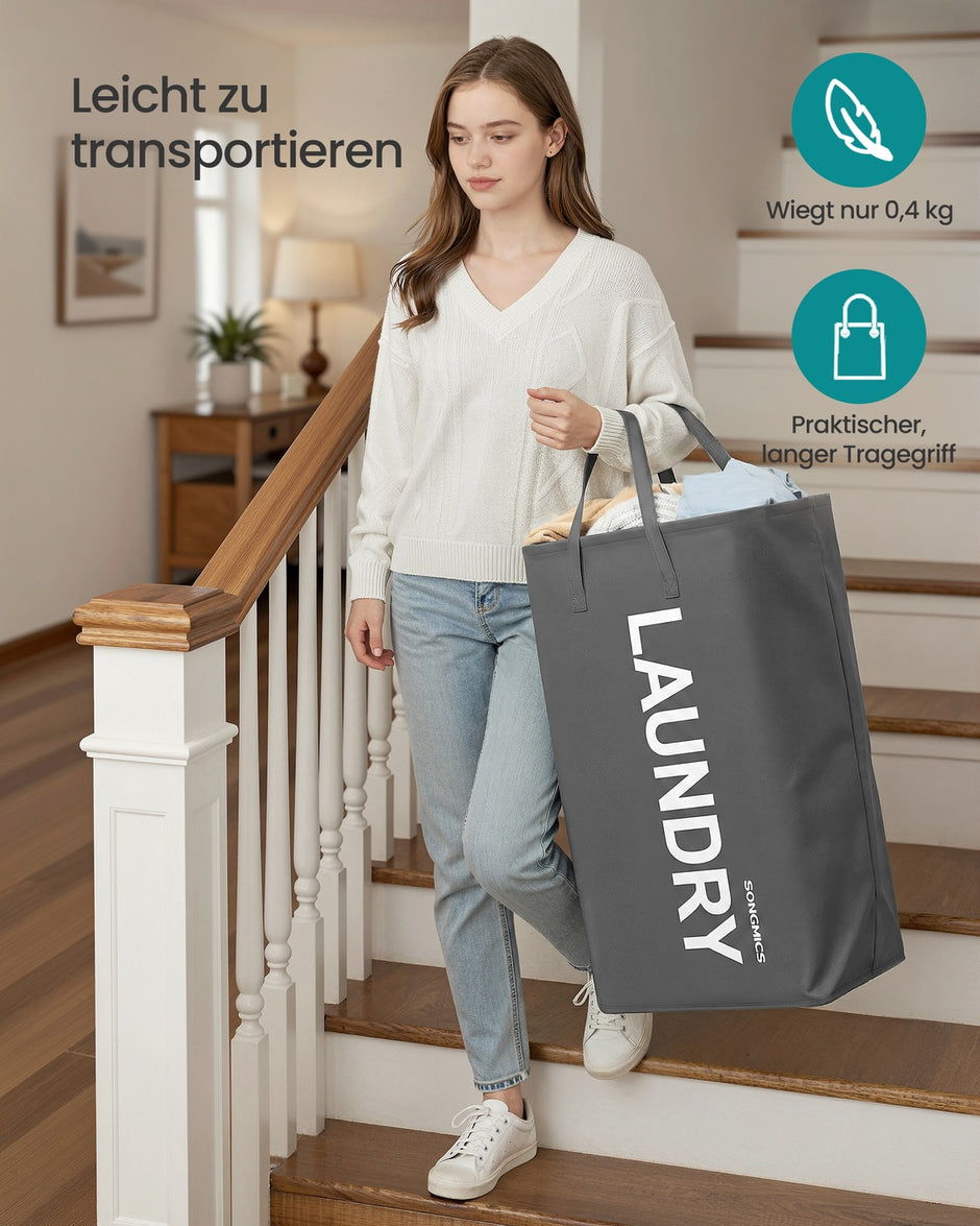 Wasmand - 40 x 30 x 68 cm - opvouwbaar - met handvat - waterafstotend - leigrijs - maximale draagkracht 20 kg