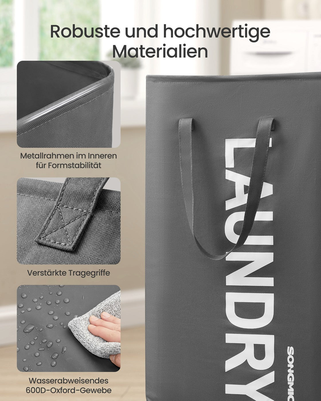 Wasmand - 40 x 30 x 68 cm - opvouwbaar - met handvat - waterafstotend - leigrijs - maximale draagkracht 20 kg