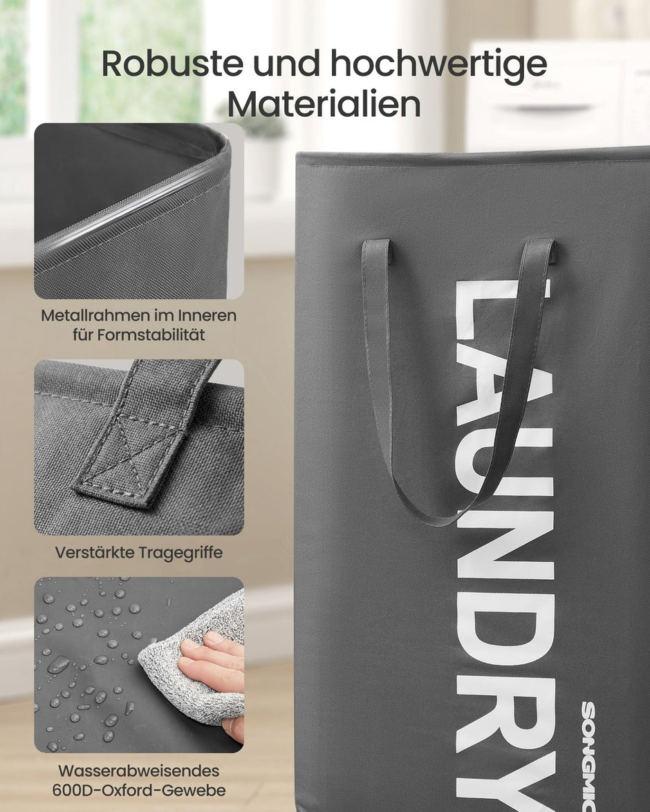 Wasmand - 40 x 30 x 68 cm - opvouwbaar - met handvat - waterafstotend - leigrijs - maximale draagkracht 20 kg