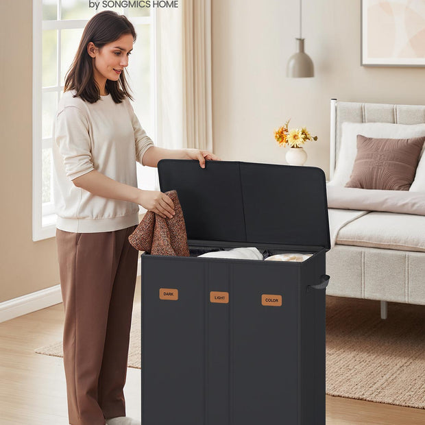 Wäschereikorb - 3 Fächer - Deckel - Waschbare Innentasche