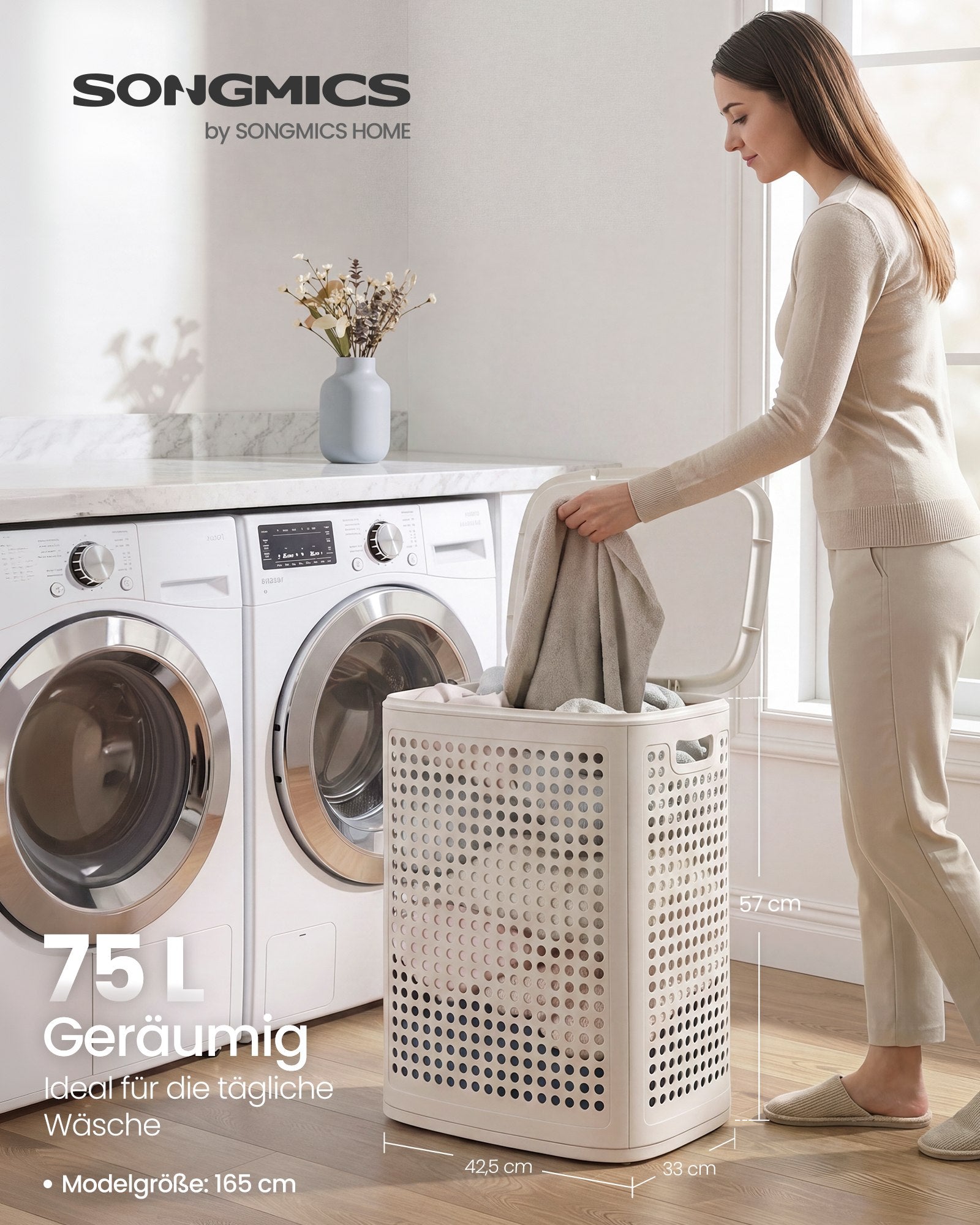 Wasmand - 42,5 x 33 x 57 cm - 75 liter - cappuccino beige - maximaal 10 kg