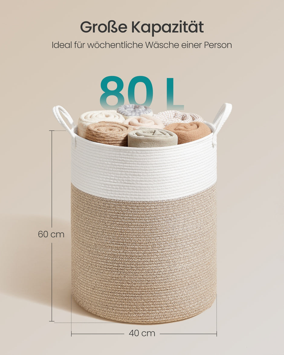 Wasmand - 40 x 40 x 60 cm - Katoenen touw - Wit-grijs-bruin - 15 kg capaciteit