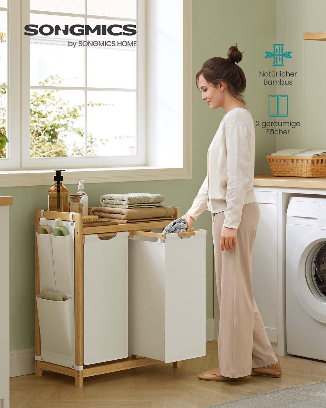 Wäschereikorb 2 Kisten 2 x 50 l 63 x 33 x 78 cm Creme Weiß