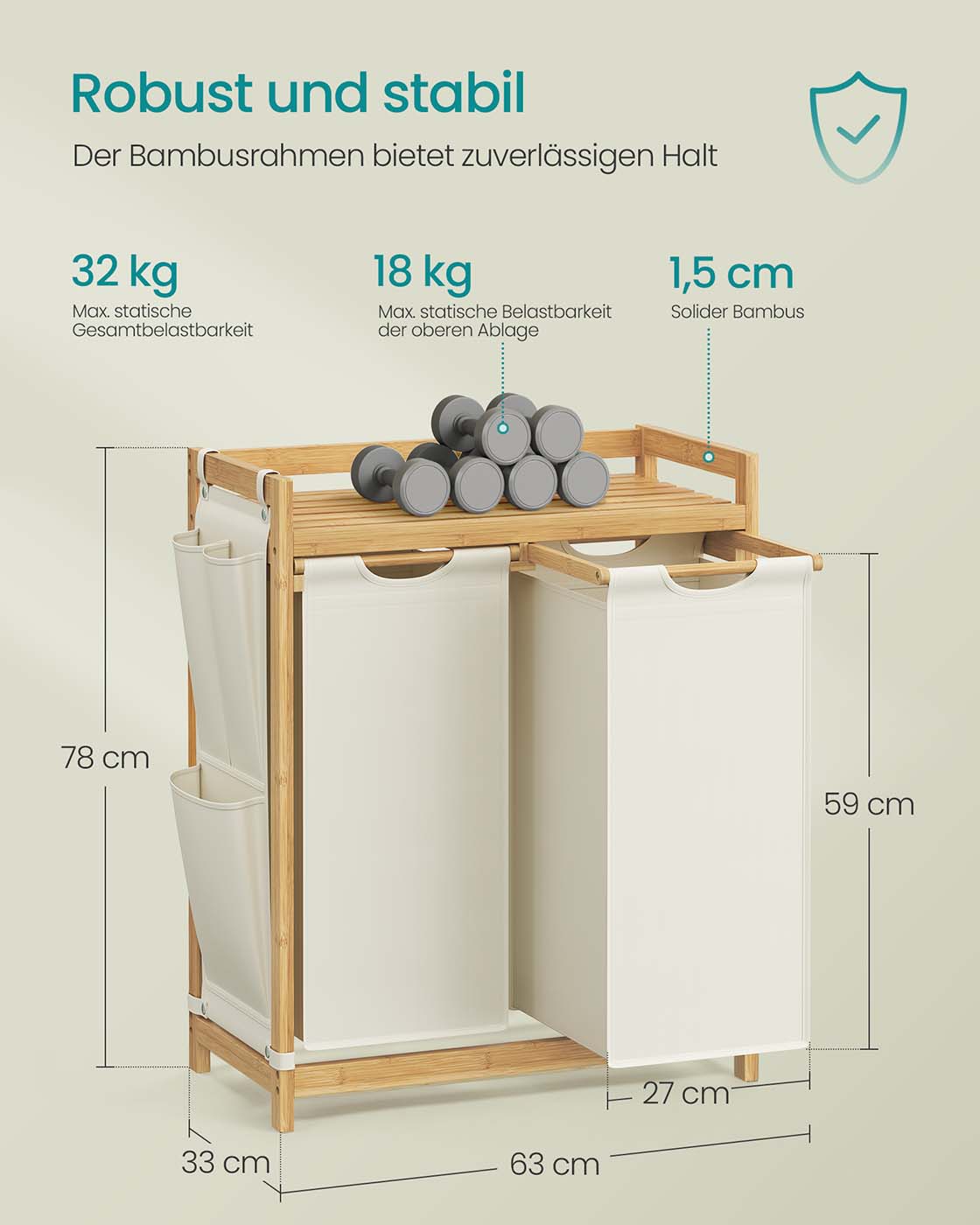Wäschereikorb 2 Kisten 2 x 50 l 63 x 33 x 78 cm Creme Weiß