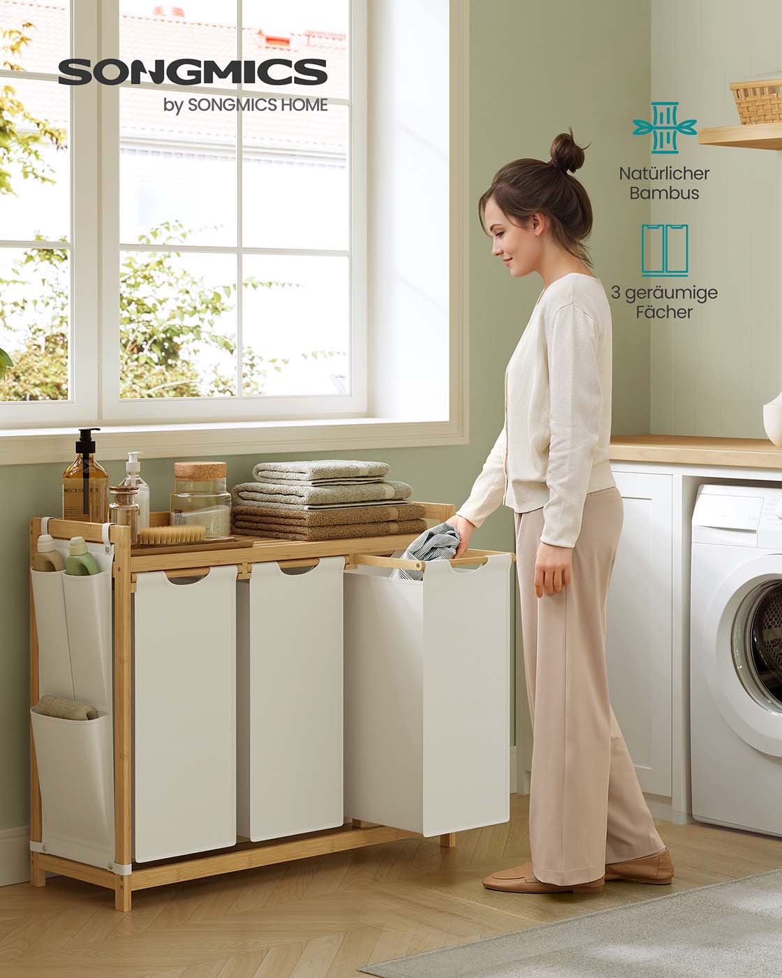 Wäschereikorb 3 Kurse 3 x 50 l 94 x 33 x 78 cm Creme Weiß