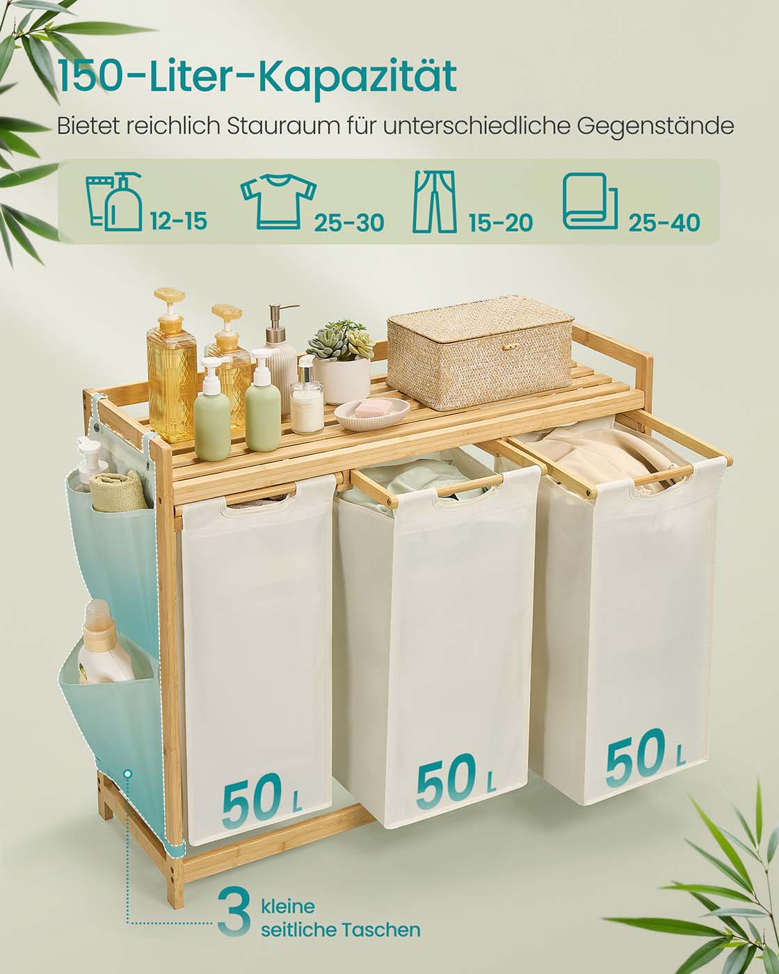 Wäschereikorb 3 Kurse 3 x 50 l 94 x 33 x 78 cm Creme Weiß