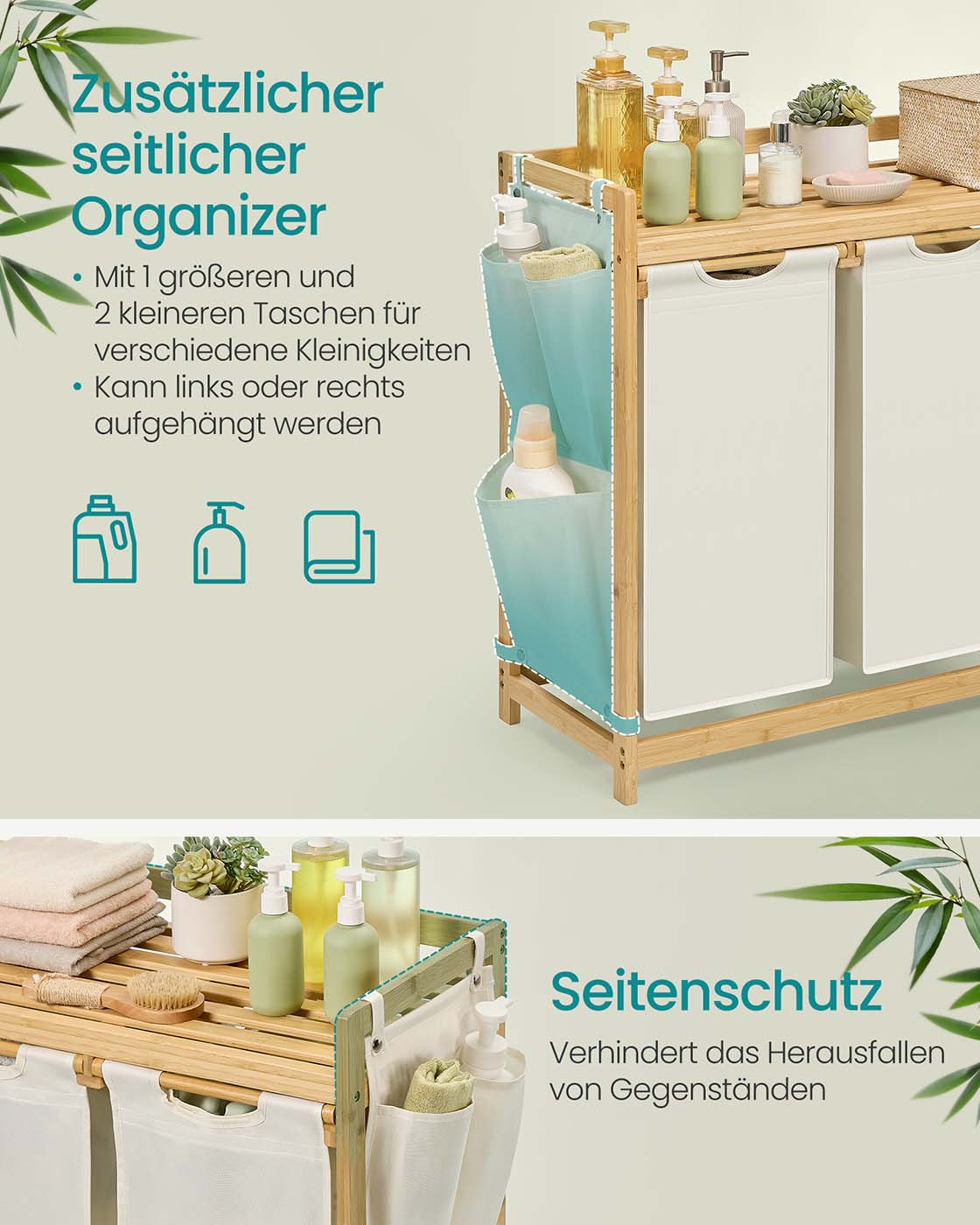 Wäschereikorb 3 Kurse 3 x 50 l 94 x 33 x 78 cm Creme Weiß