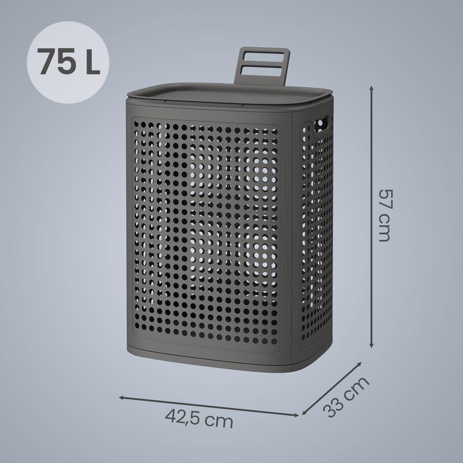 Wasmand - Met Deksel - 75 Liter - Smal - Donkergrijs