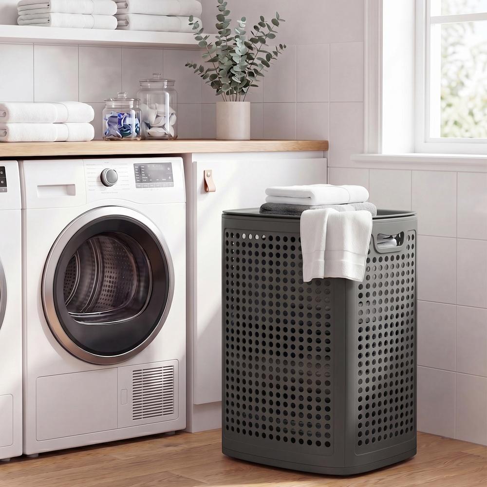 Wasmand - Met Deksel - 75 Liter - Smal - Donkergrijs