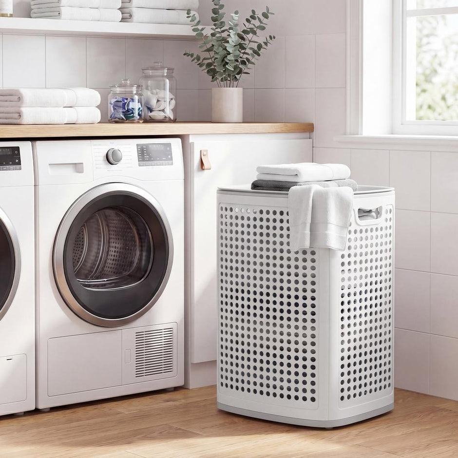 Wasmand - Met Deksel - 75 Liter - Smal - Witgrijs