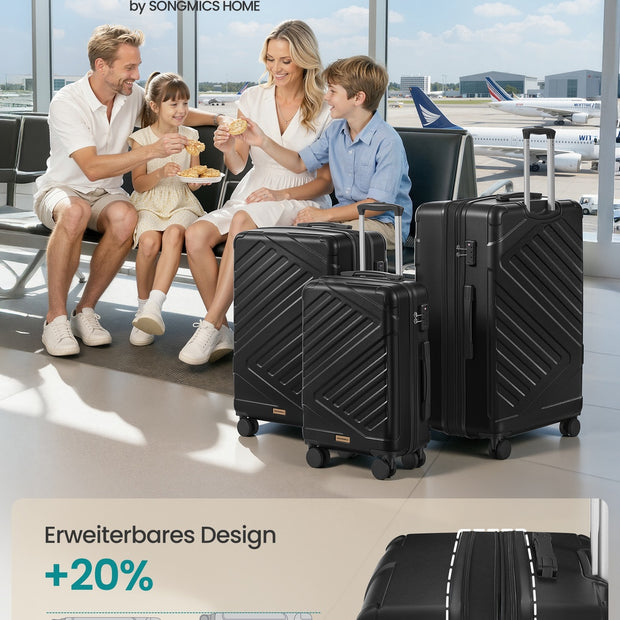 Koffers - Maat M 55 x 36 x 20 cm, 8 kg draagvermogen, Inktzwart - Maat L 65 x 45 x 25 cm, 15 kg draagvermogen, Inktzwart - Maat XL 75 x 50 x 30 cm, 18 kg draagvermogen, Inktzwart - Harde koffers met TSA-slot - Materiaal: ABS, PA, PP, PVC, polyester, staal